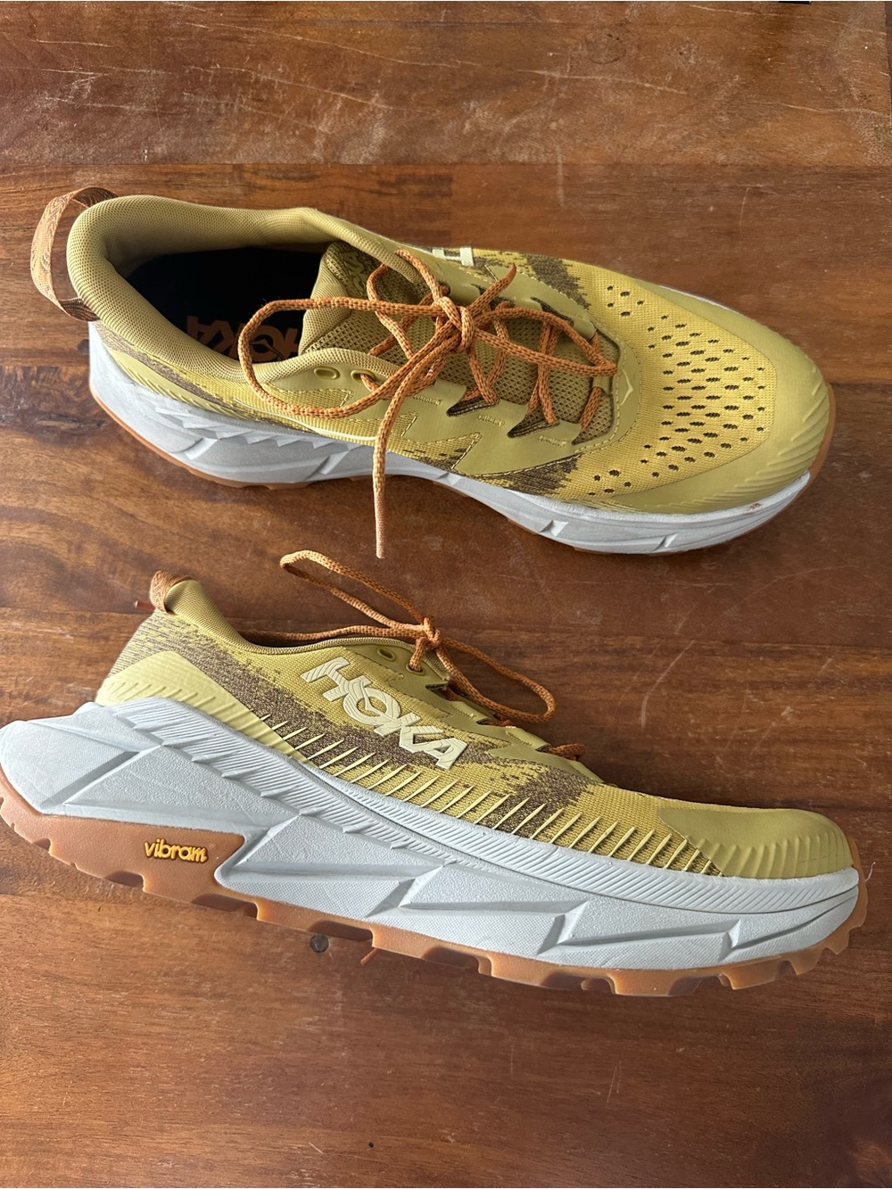 Hoka Skyline float X Trail Vibram Running Shoes Yellow with Brown M10.5 W11.5